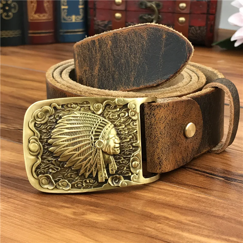 Mosiężny wódz Indian klamry pasa skórzany pasek mężczyźni Ceinture Homme żółty pasek mężczyźni męski pasek szeroki pasek do jeansów MBT0424