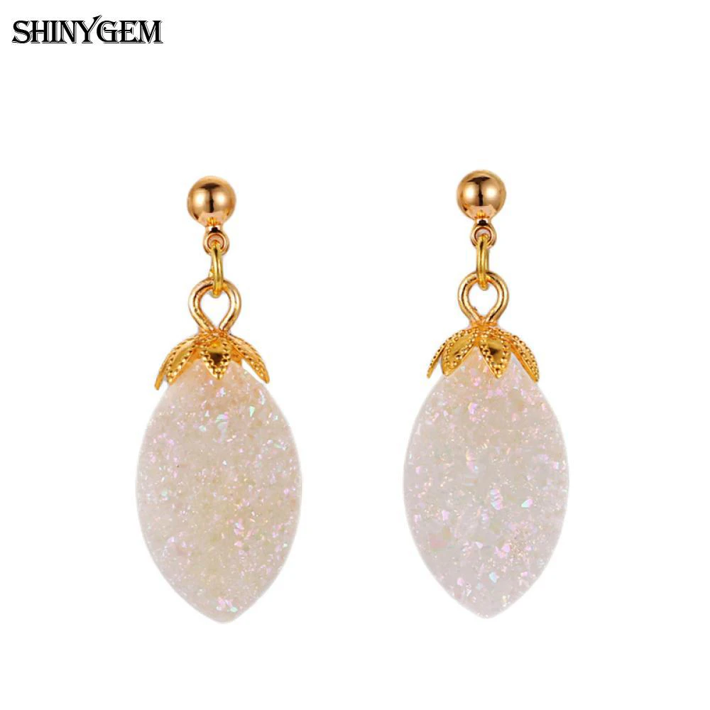 

ShinyGem Fashion White Opal Pure Gold Base Solid Real Natural Stone Crystal Druzy Drop Dangle Earrings For Women