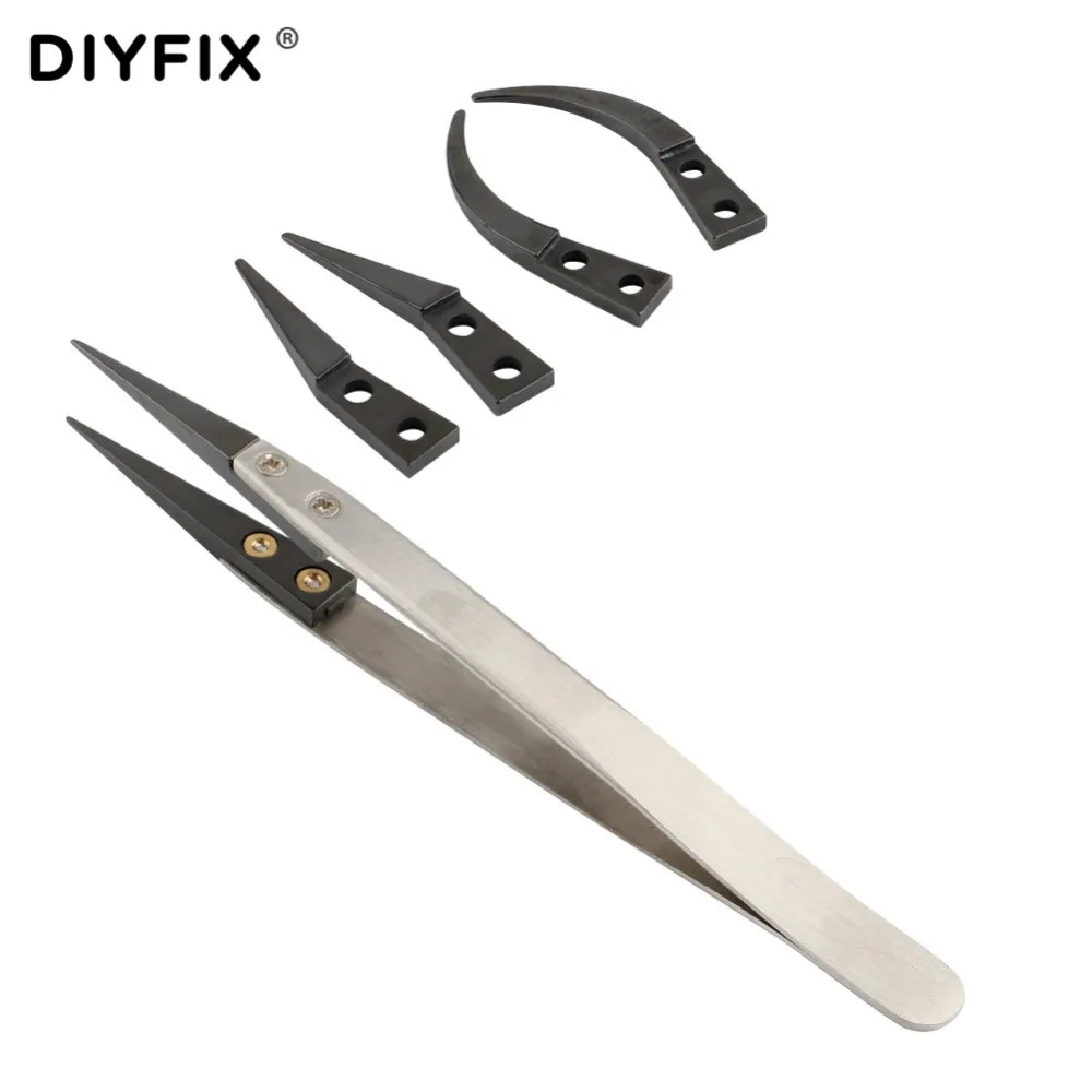 DIYFIX Anti-static E-Cigarette Ceramic Tweezers with Curved & Straight Tips ESD Forceps for Phone Repair BGA Work DIY Tools Kit