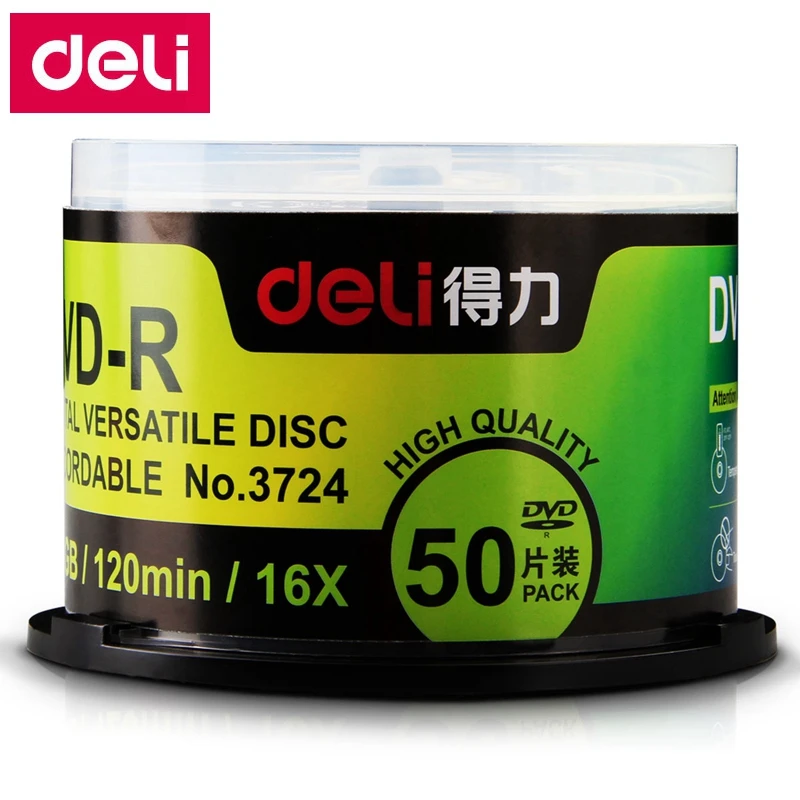 50PCS/LOT Full Box Deli 3724 DVD-R Blank Discs Recordable Compact Disk 4.7GB/120min/16x DVD-R BLANK Discs Wholsale