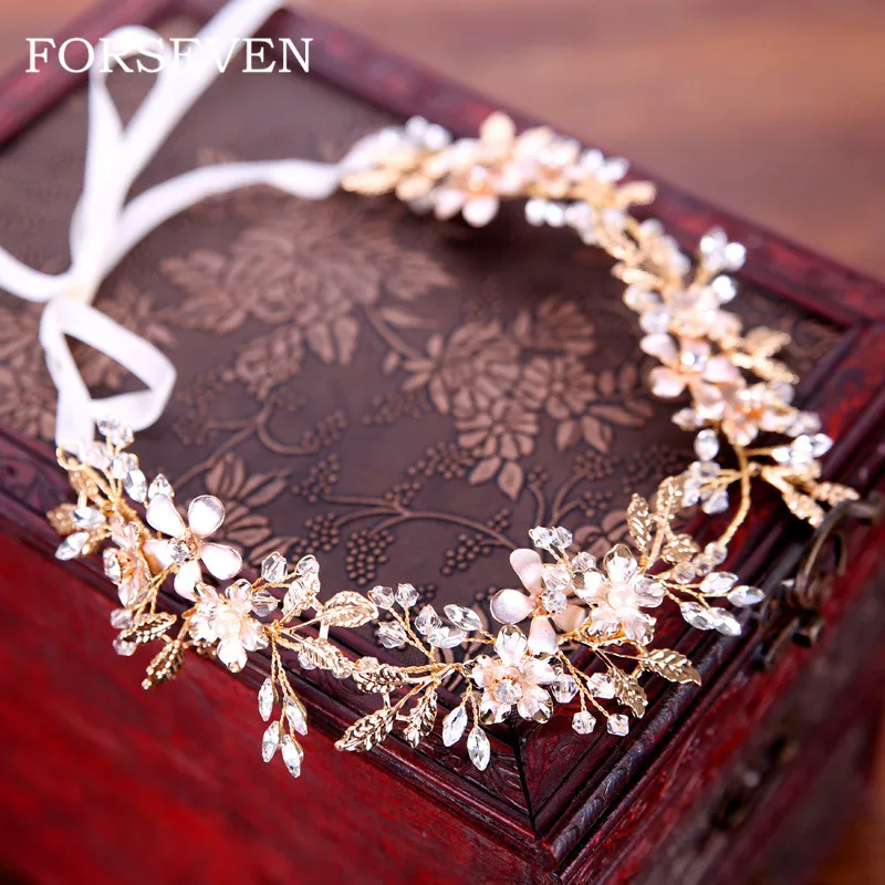 

Bride Flower Headbands Wedding Hair Accessories Hair Vine Bridal Headpiece Crystal Hairband Golden Leaf Tiaras Headbands