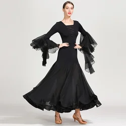 Elegant Chiffon Sleeves Strapped Women Ballroom Dance Costumes Wiennese Waltz Dress Dance Wear Ball Gown