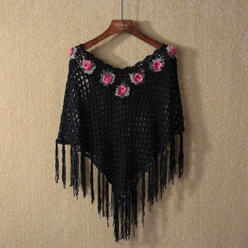 New Summer Women High-grade Crochet Hook Flower Fringed Cloak Knitting Novelty Tassel Hollow Out Female Irregular Poncho Shawl