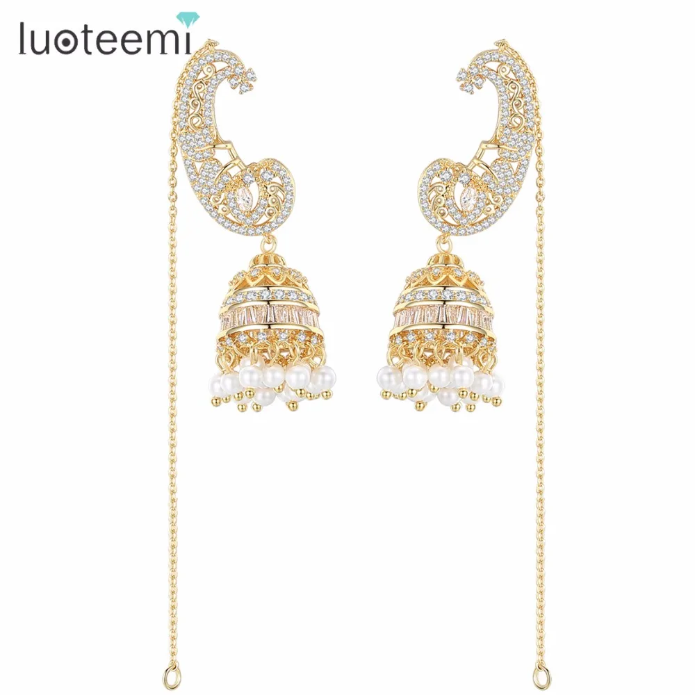 

LUOTEEMI CZ Gorgeous Bright Crystal Imitation Pearls India Jhumka Earring for Bridal Long Chain Bride Wedding Party Ear Jewelry