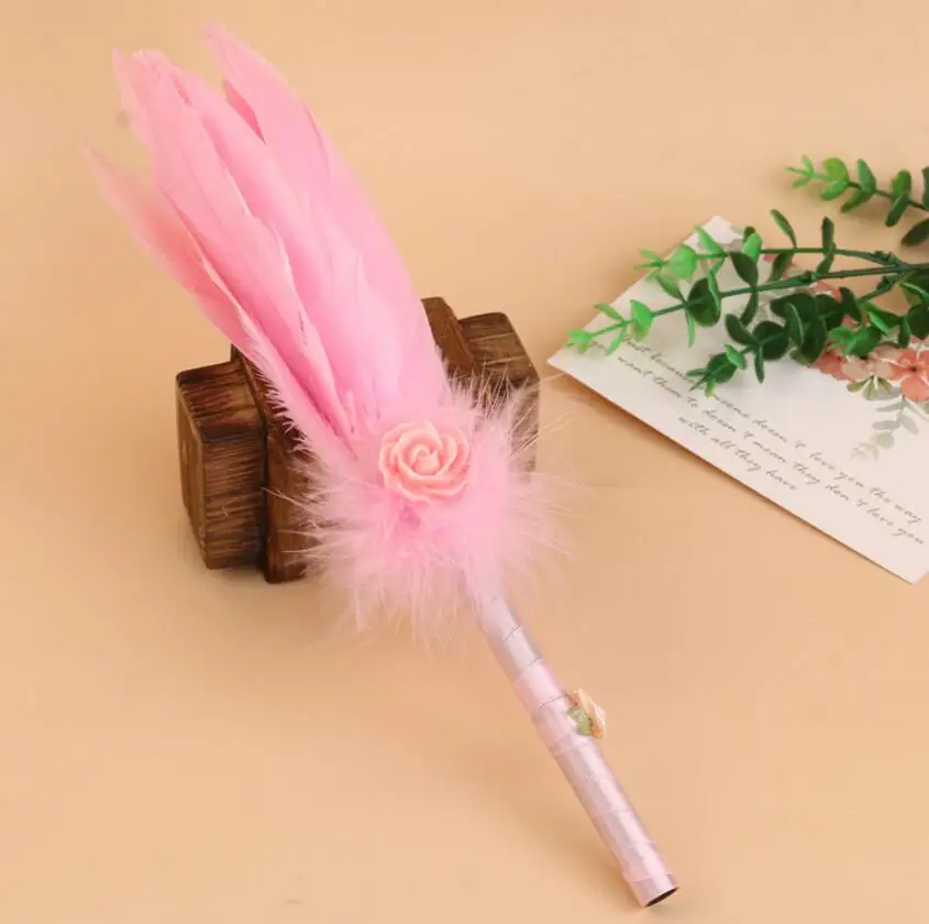 2pcs White/Pink Feathers With Rose Decoration Quill Pen Signing Pen For Wedding Party Baby Shower Guest Book Accessory