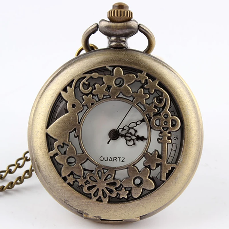 Reloj de bolsillo de cuarzo con diseño de Alicia en el país de las maravillas para hombre y mujer, cadena con colgante de Bronce Antiguo, conejo, flor, hueco, regalo, novedad