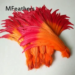 Wholesale 100pcs/lot Rooster tails Feather red tips with orange bottom Two tone dyed chicken feathers plumas for carnival decor.