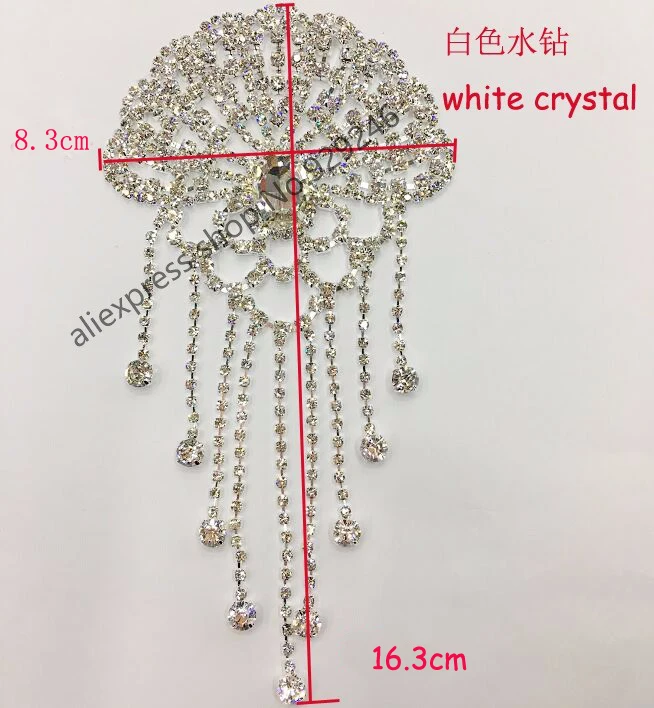 2pcs/lot brilliant white crystal applique with stone tassels silver AB gold AB rhinestone trims for bridal wedding decoration