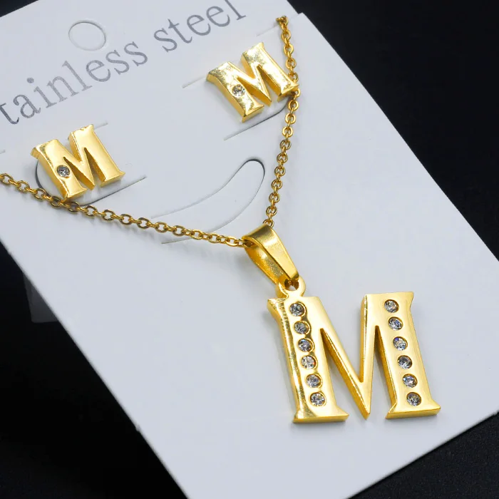 LUXUKISSKIDS Vintage Stainless Steel M Letter Jewelry Set Classic Alphabet with Crystal Golden Pendant Necklace and Earrings