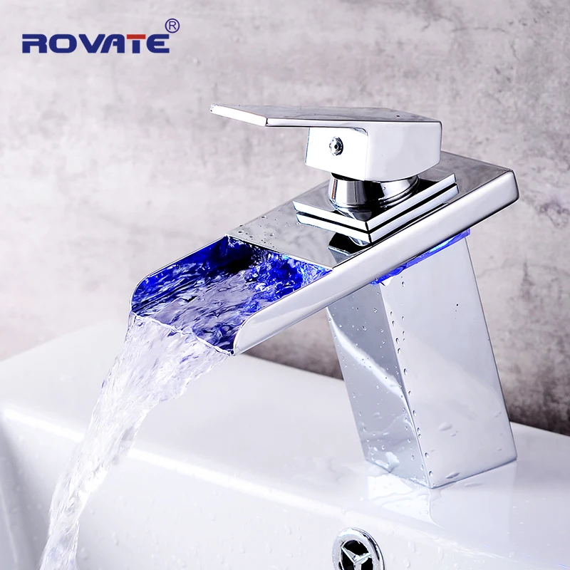 

ROVATE LED Basin Faucet Watefall Sink Taps Colors Change with Temperature Bathroom Mixer Brass