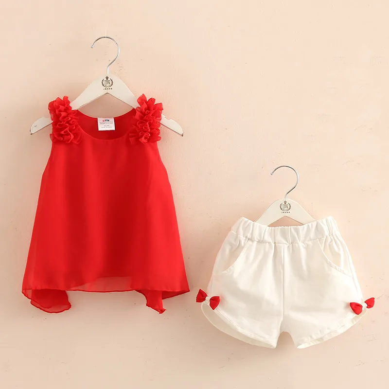 2024 Casual Cute 2 3 4 5 6 8 10 Years Solid Color Bow Flower Sleeveless T-shirt+Shorts 2 Pcs Baby Kids Girls Summer Clothing Set