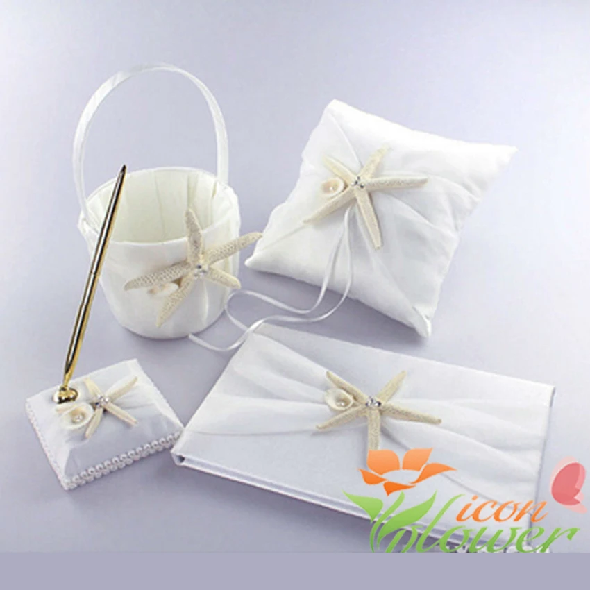 4Pcs/set New Fashion Starfish Satin Wedding Decoration Ring Pillow+Flower Basket+Guest Book+Pen Set Bridal Product Supplies