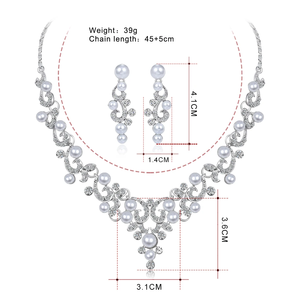 TREAZY Fashion Simulated Pearl Bridal Jewelry Sets Silver Color Crystal Floral Necklace Earrings Sets 2018 Wedding Jewelry Set