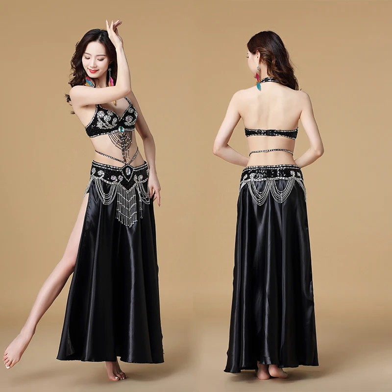 Belly Dance เครื่องแต่งกายเต้นรำอินเดีย 3 pcs Bra & เข็มขัดและกระโปรงเซ็กซี่เต้นรำผู้หญิงเสื้อผ้าชุด bellydance สวมใส่ 8 สีสำหรับเลือก