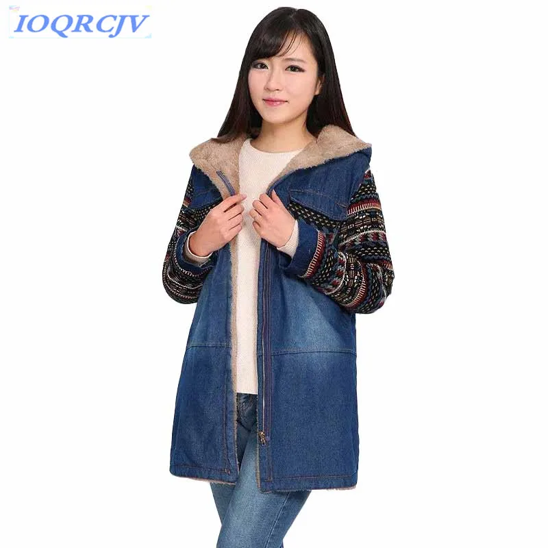 

Winter denim jackets for women 2019 Flocking Thick warm lambswool coat Print hood jeans parkas Loose students tops IOQRCJV N100