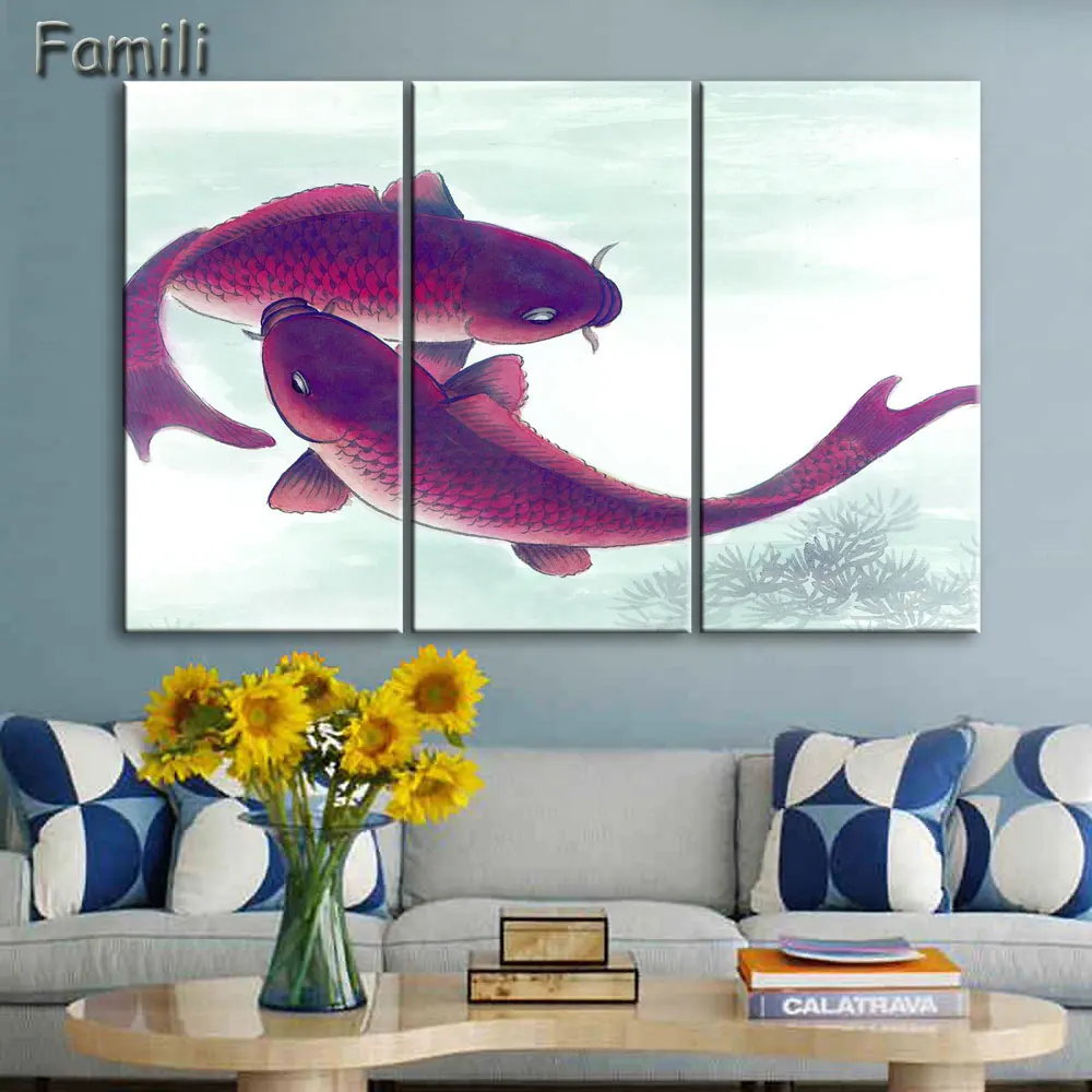 3Piece Koi Fish Wall Art Chinese Painting Wall Art on Canvas Home Decor Modern Wall Picture for Living Room