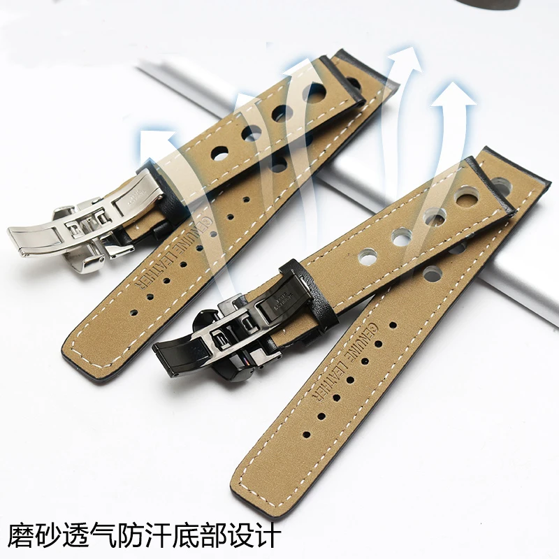 Laopijiang genuine Leather Strap For Sports Racing Series PRS516 T91 1853 Watch 20mm Black Orange Line with steel folding buckle