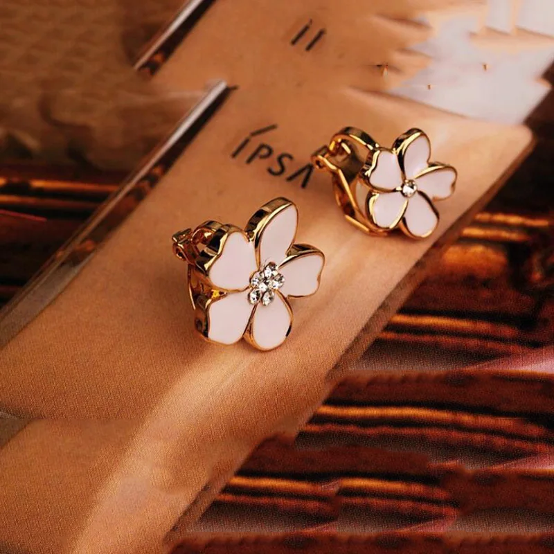 GRACE JUN Rheinstone Enamel Flower Shape Clip on Earrings Without Piercing for Girls Party Cute No Hole Ear Clip Charm Jewelry