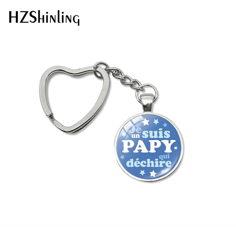 New Super Papy Heart Key Chains Holder Glass Dome Pendant Fashion Color French Word Grandpa Gifts Car Keyring Fob Jewelry