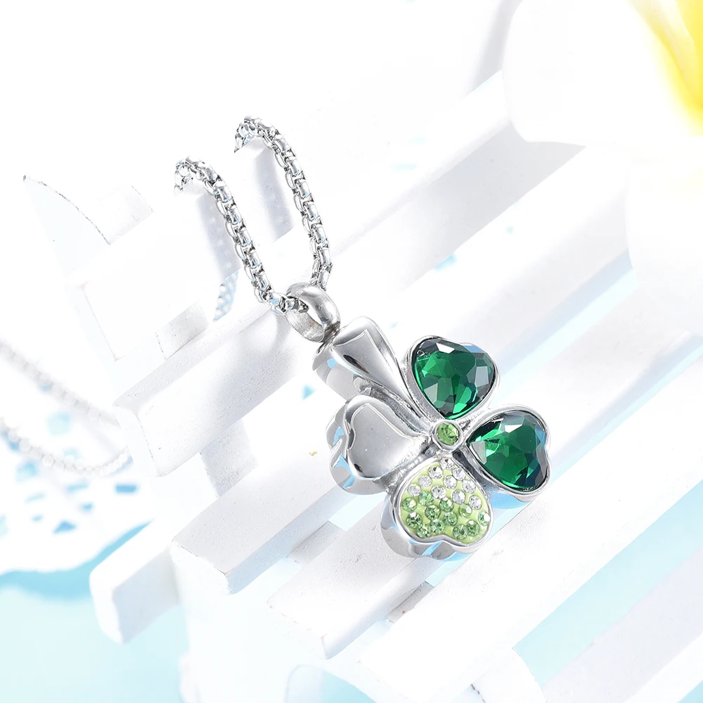 

Four Leaf Clover Cremation Urn Necklace for Ashes With Green Crystal Urn Pendant Memorial Keepsake Cremation Jewelry for Women