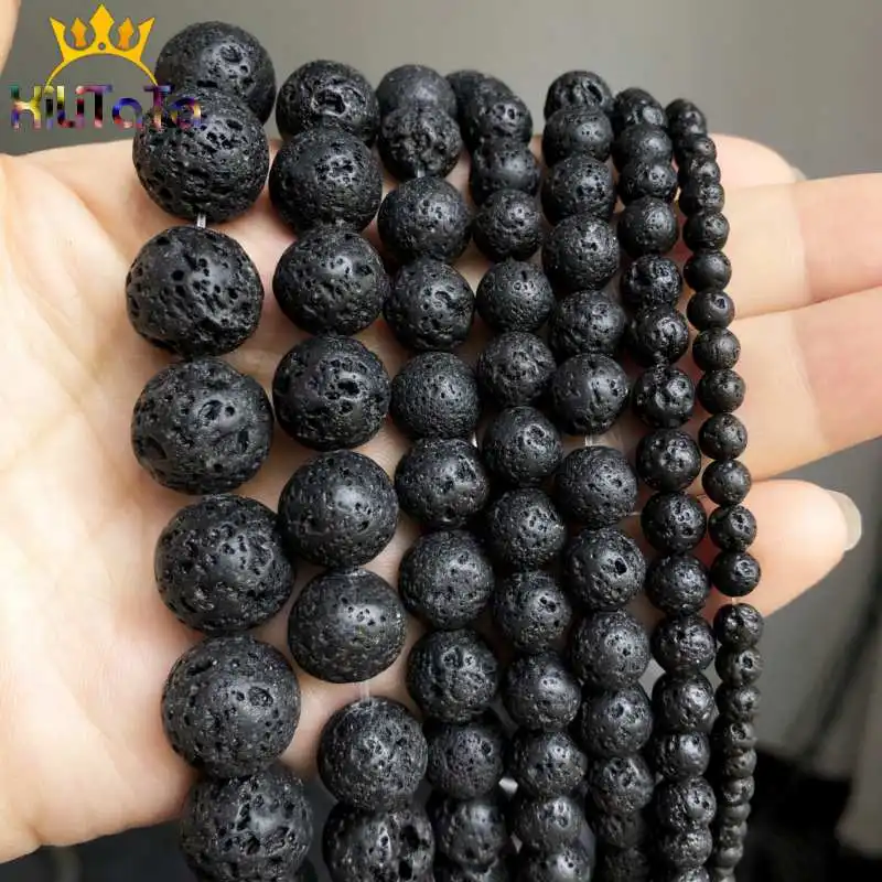 Natural Black Volcanic Lava Beads Round Volcanic-Stone Beads For Jewelry Making DIY Bracelet Necklace 15 Inches 4/6/8/10/12/14mm