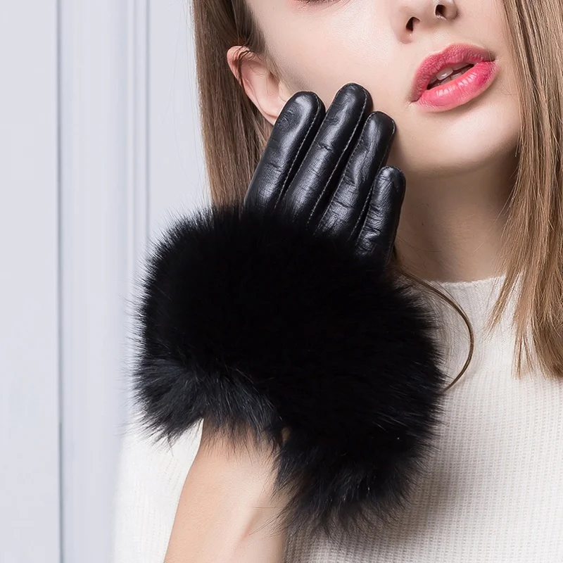 YY8898 Winter Luxury Real Big Fox Fur Genuine Goatskin Leather Short Black Gloves For Woman Thin Car Driving Fit Fashion Luvas