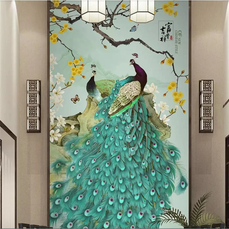 wellyu New Chinese style pen blue peacock flower bird porch background wall decoration painting custom large mural wallpaper