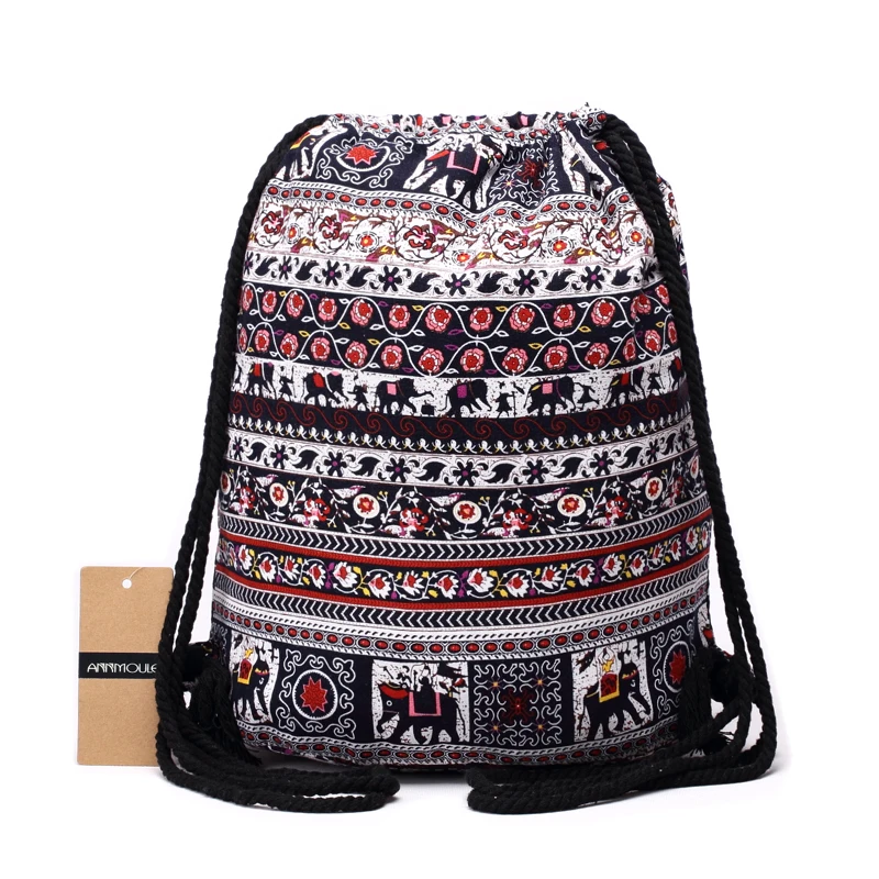 Women Backpacks Bohemian Style Bag Cotton Fabric Shoulder Bag Vintage Aztec Backpack Double Zipper Drawstring Rucksack Hobo Bag