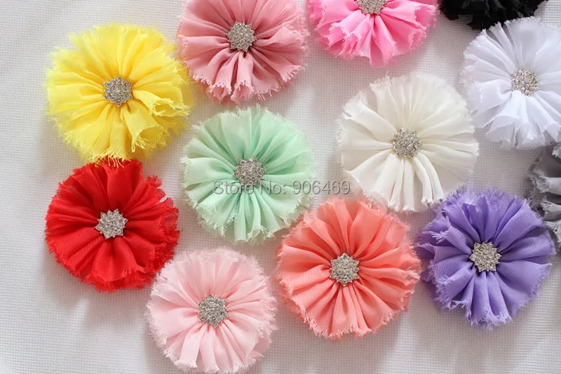 

Kids hair flower vintage chiffon shabby look flower with CZ diamond Rhinestone center flower 10pcs