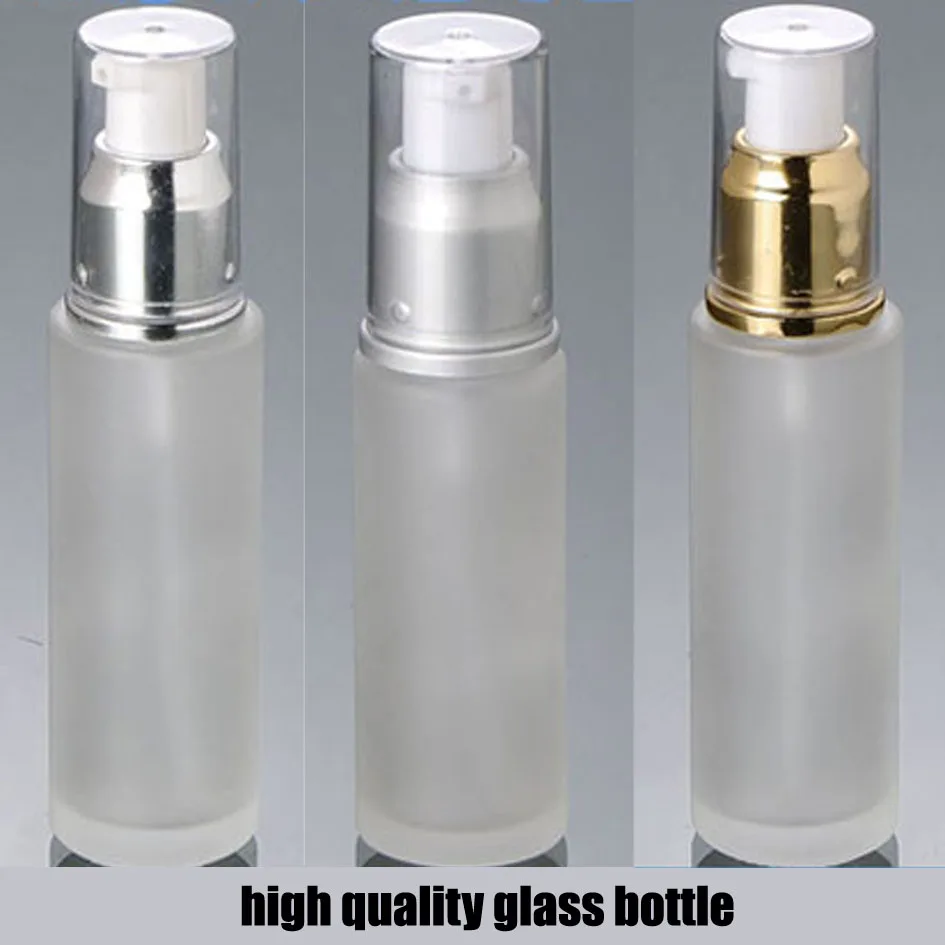 

20ml 25ml 30ml 50ml 50pcs/lot Transparent cap frosted/matte glass bottle pump lotion bottles with three color top