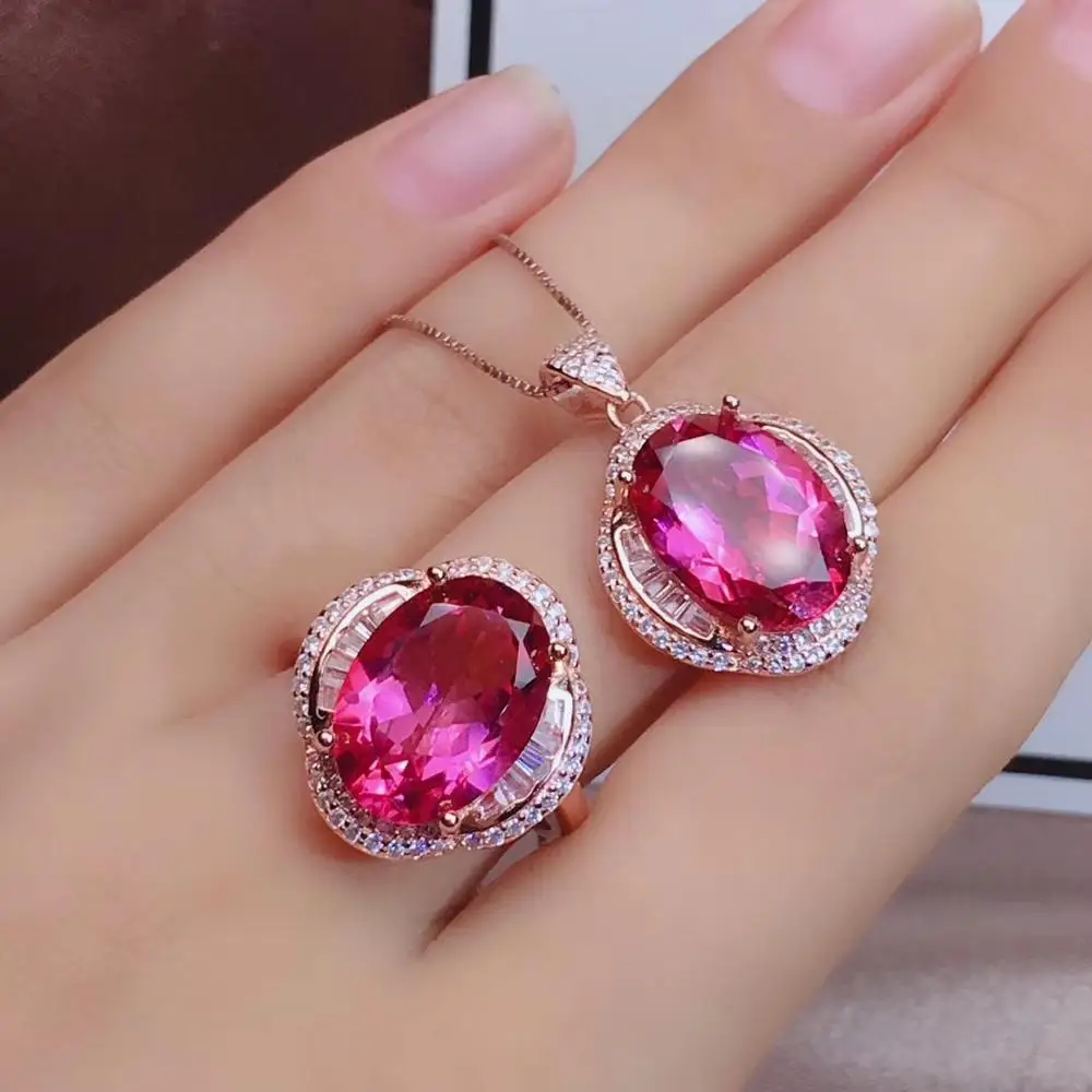 

charming red topaz gemstone ring and necklace jewelry set 925 sterling silver natural gem big size girl party birthday present