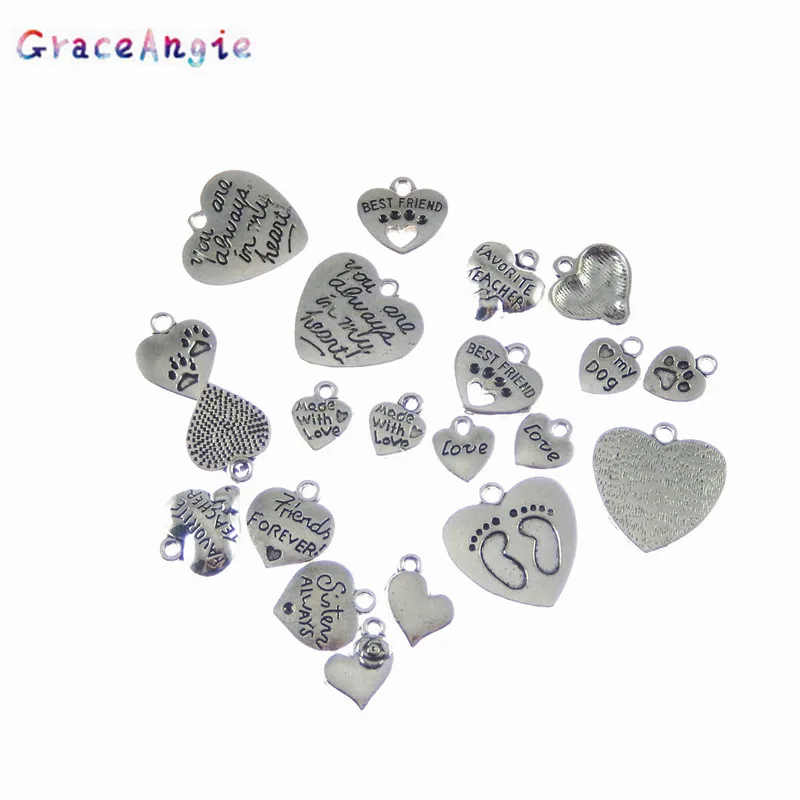 GraceAngie Mix 10PCS  Vintage Heart Charm beads fit for bracelet DIY Metal Words Necklace pendant jewelry making  Findings