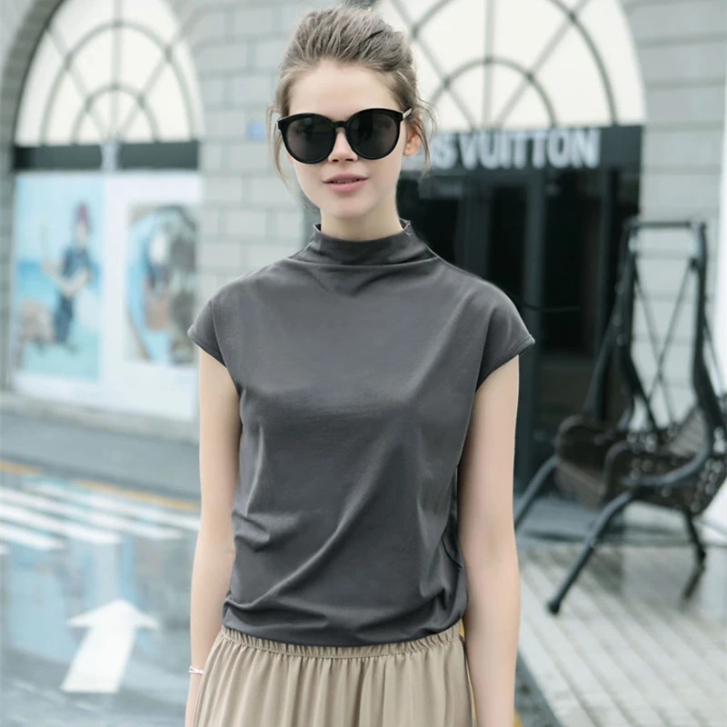 100%Cotton Modal Stretch t shirt women 2024 Summer Turtleneck Sleeveless tee shirt femme harajuku t-shirt tops streetwear tshirt