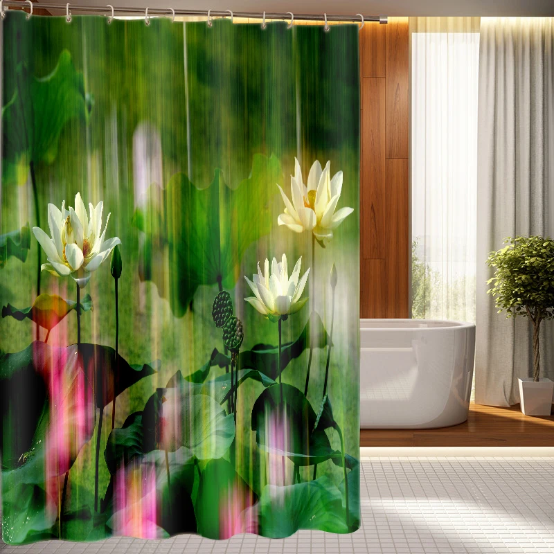 Harmonious Nature 3D Shower Curtains Lotus Bamboo and Stone Bathroom Curtain Waterproof Thickened Bath Curtain