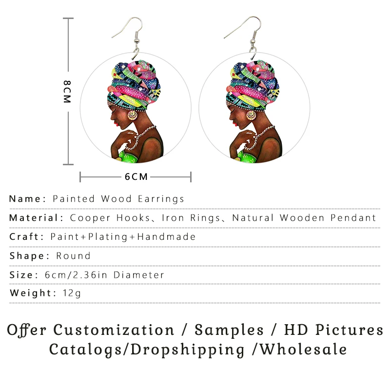 SOMESOOR Printed Hedawrap Woman Afro Wooden Ethnic Earrings Vintage Black Queen Hair Painting 6cm Flat Round Wood Jewelry Gifts
