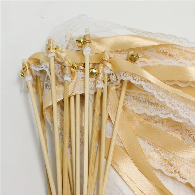 Handmade fairy stick 20Pcs/lot champage Lace ribbon Twirling Streamers Wedding Favor Sticks/Wands With Bells fairy stick party