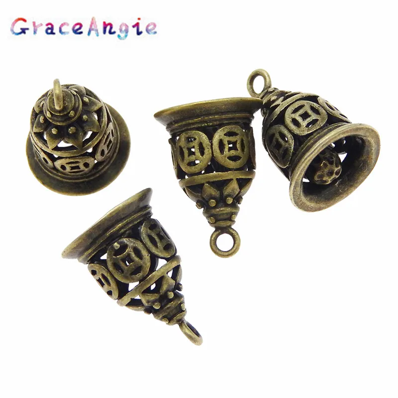 GraceAngie 12PCS Antique Style Bronze Tone Heart Ancient Bell Charm Alloy Plated Suspension Pendants (03753) image 5