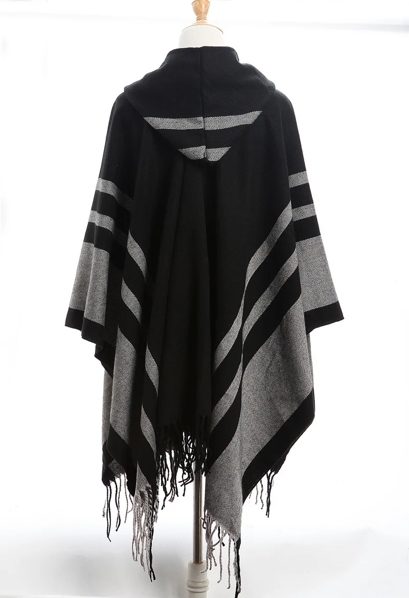 Jinjin.QC Women Striped Ponchos and Capes With Hat Fashion Kimono Echarpe Foulard Femme Pashmina Drop Shipping