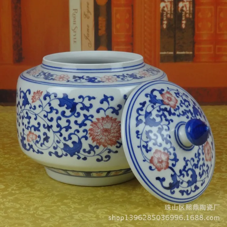 Jingdezhen Ceramic tea caddy wholesale tea caddy Scroll rich blue underglaze red Canister Sugar Bowl