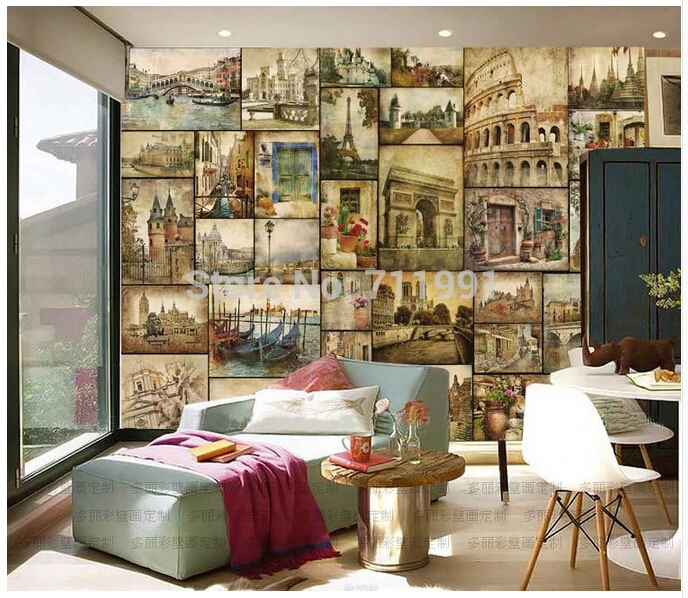 

Free shipping custom 3D wall KTV bar restaurant bedroom wall murals retro nostalgia of European architecture