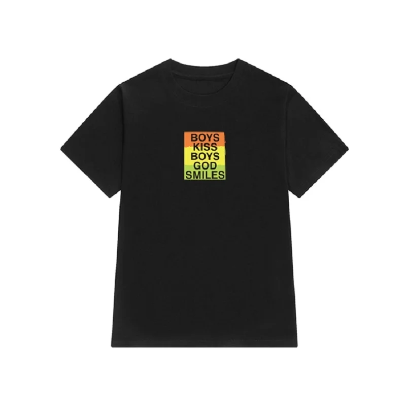 hahayule 1pcs Cool Harajuku Tee Boys Kiss Boys God Smiles Letter Print Women T-Shirt Rainbow Pattern Loose Tumblr Top Tee image 5