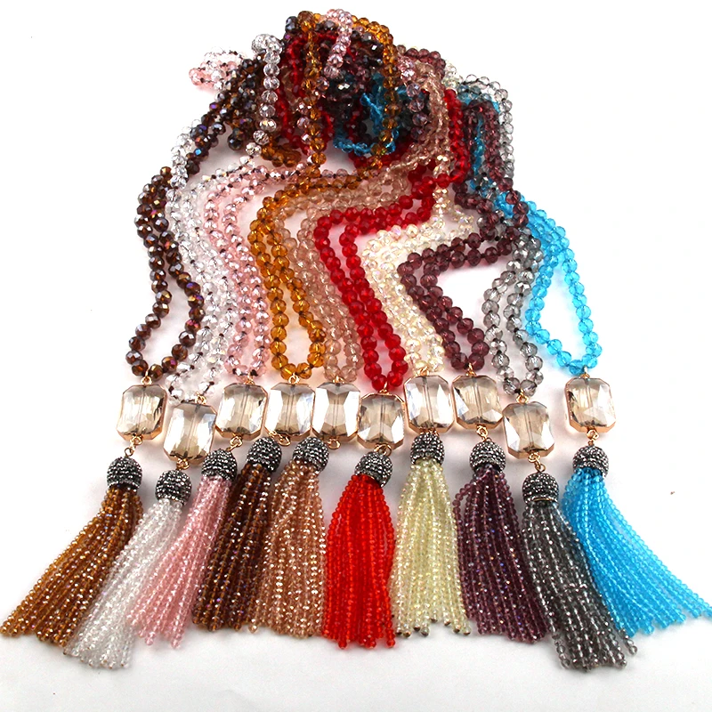 Fashion Bohemian Jewelry Glass Long Knotted Rectangle Crystal Link Tassel Necklaces For Women