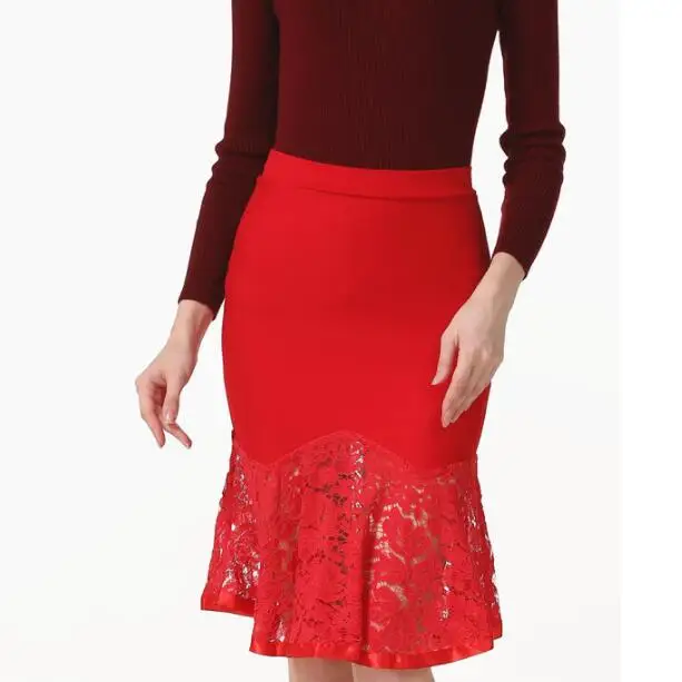 faldas mujer moda 2020 New Women Skirts Lace Stitching Irregular Skirt High Waist Pack Hip Trumpet / Mermaid Skirt S-5XL