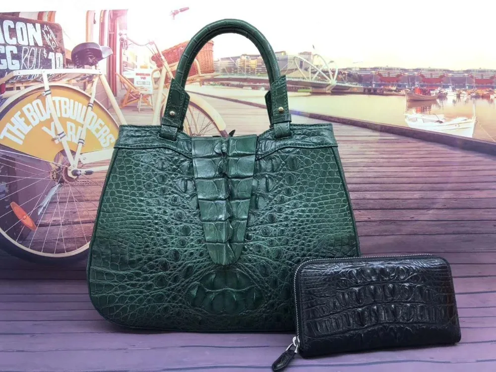 100% genuine crocodile skin leather women shoulder bag purle green wine red color alligator head skin women tote cross body bag