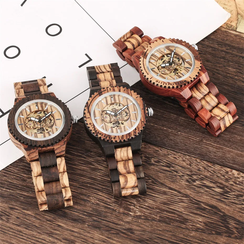 Automatic Mechanical Men Watch Wooden Watches Luxury Mens Wood Watchband Creative New Self Winding Male Timepieces reloj