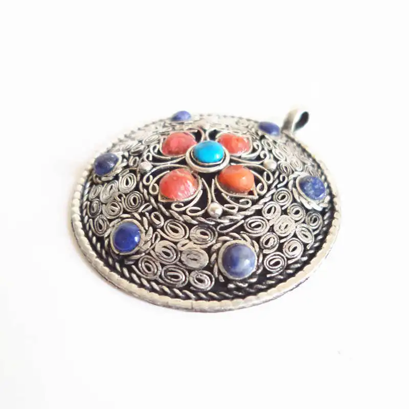 Nepal Vintage Pendants Metal Copper Inlay Colorful Beads Round Flower Pendants TBP081