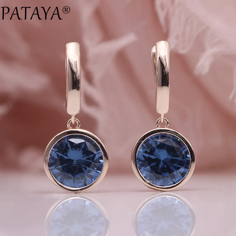 

PATAYA New Round Multicolor Blue Natural Zircon Dangle Earrings Women Fashion Simple Jewelry 585 Rose Gold Color Party Earrings