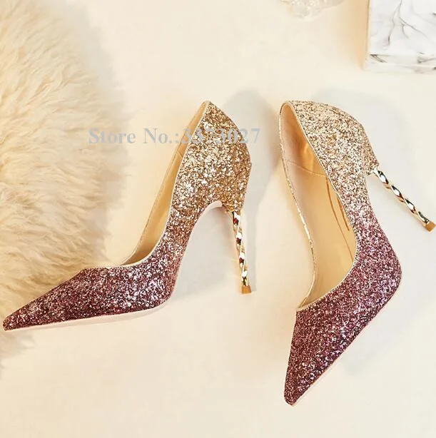 

New Bling Bling Gradient Color Metal Heel Wedding Shoes Woman Luxury Pointed Toe Thin Heel High Heels Pumps Single Shoes