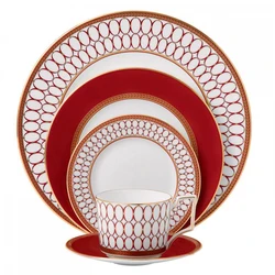 Ceramic Flat Plate Bone China Cup Saucer Set, Red Platter Tableware, European Style, Western Dinner Dishes, Coffee Cup Set, 1Pc