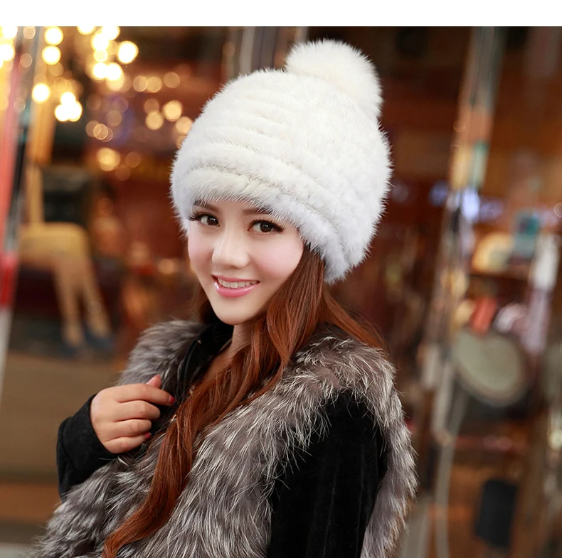 real mink fur hat for women winter knitted mink fur beanies cap fox fur pom poms brand new thick female cap